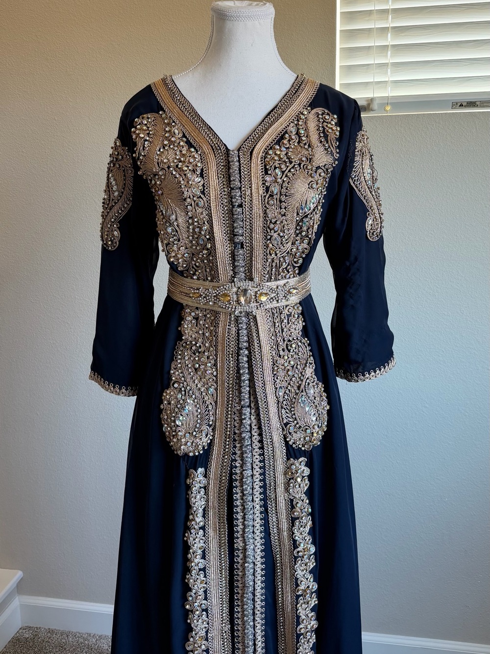 Embellished Navy and Gold Long Dubai Style Kaftan